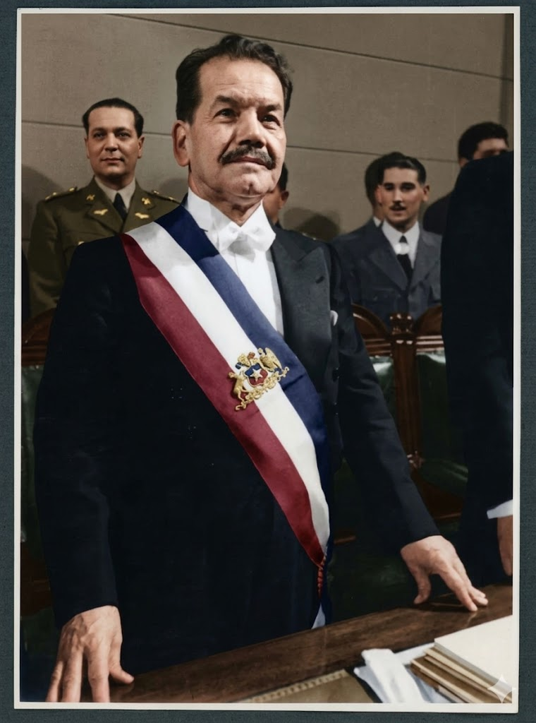 Pedro Aguirre Cerda con la banda presidencial durante la ceremonia de toma de mando, 1938 — versión colorizada con IA