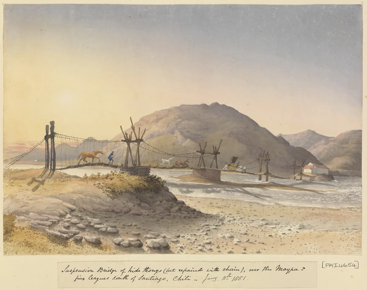 Puente colgante sobre el río Maipo, al sur de Santiago, 1851 — aprox. 1851 | Chile de Ayer