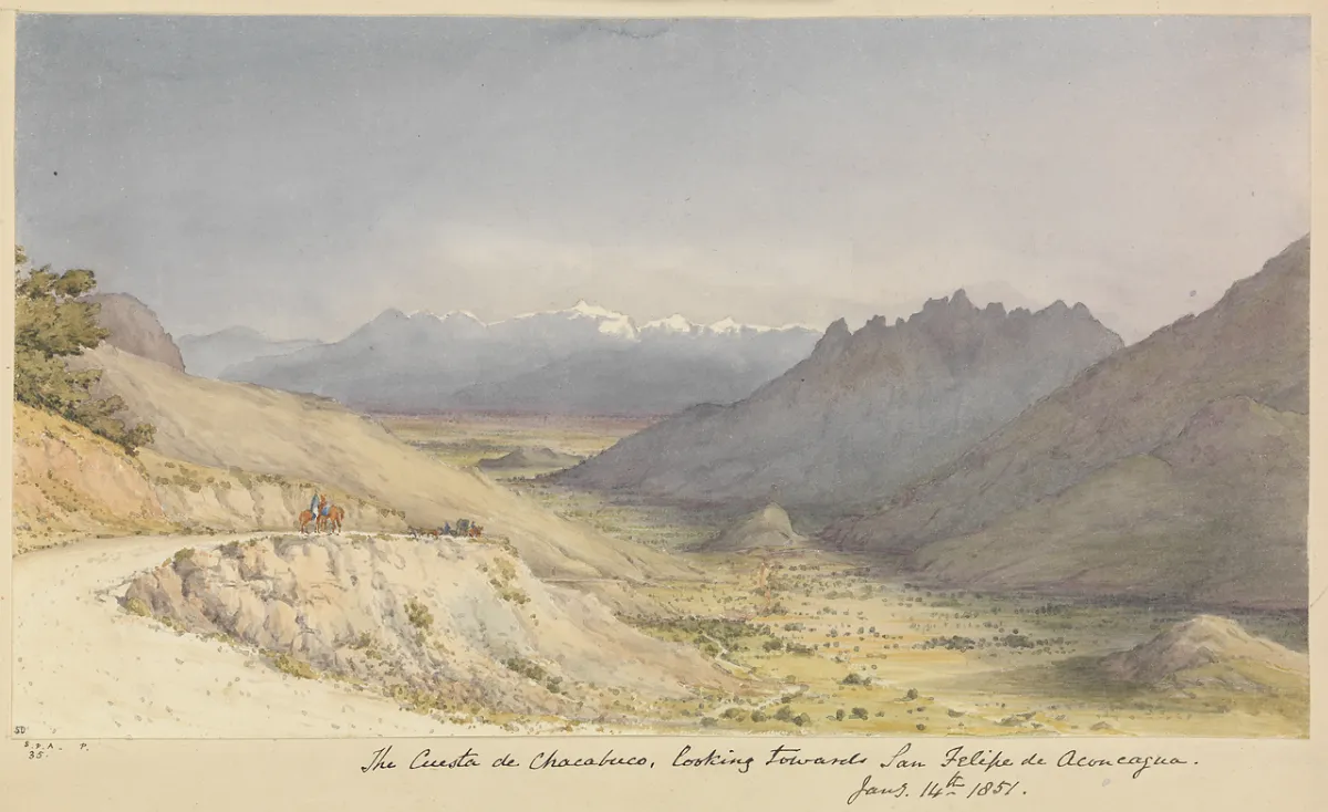 Cuesta de Chacabuco mirando hacia San Felipe de Aconcagua, 1851 — aprox. 1851 | Chile de Ayer