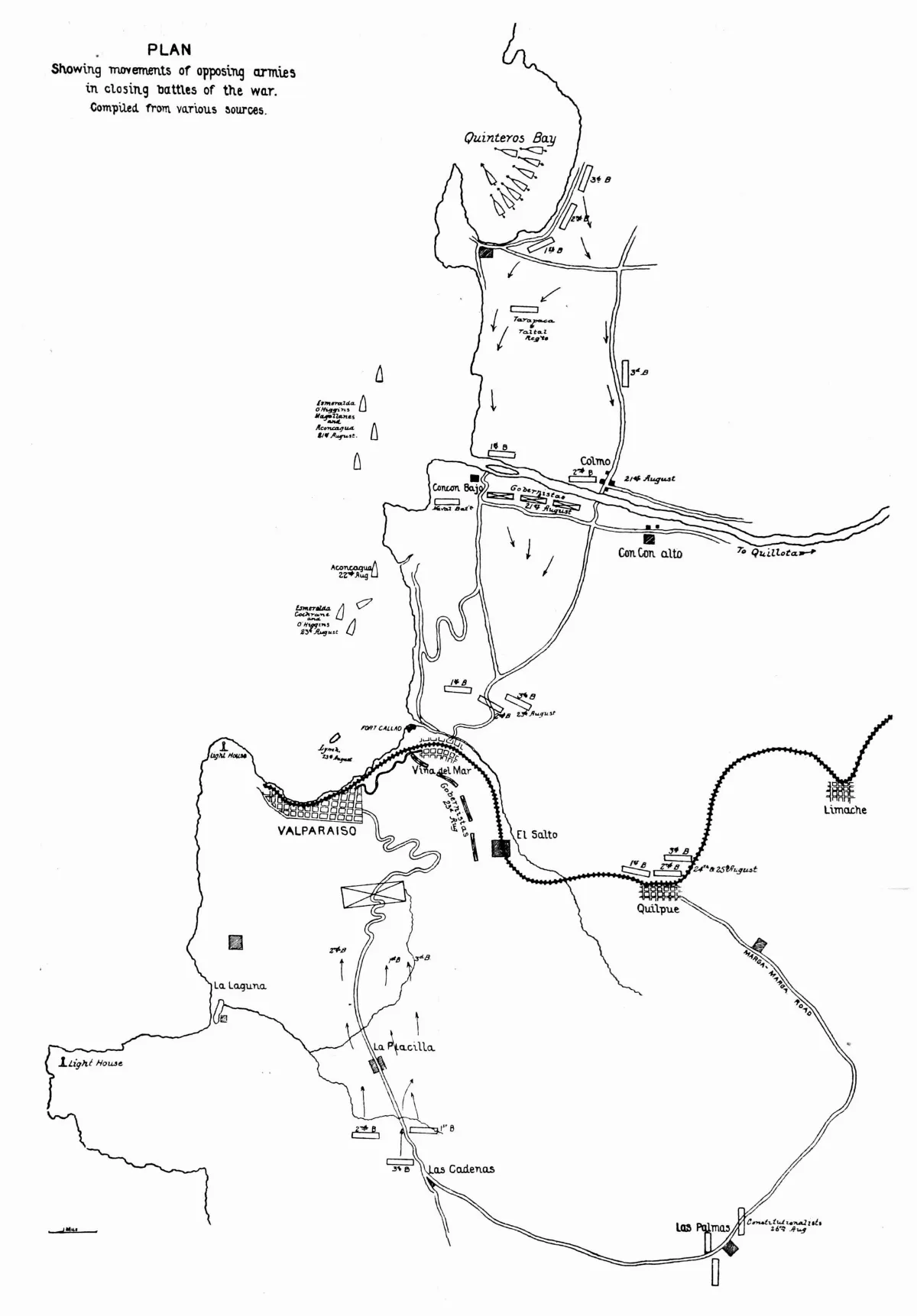 Plano de movimientos de ejércitos en las batallas finales de la guerra, 1893 — aprox. 1893 | Chile de Ayer