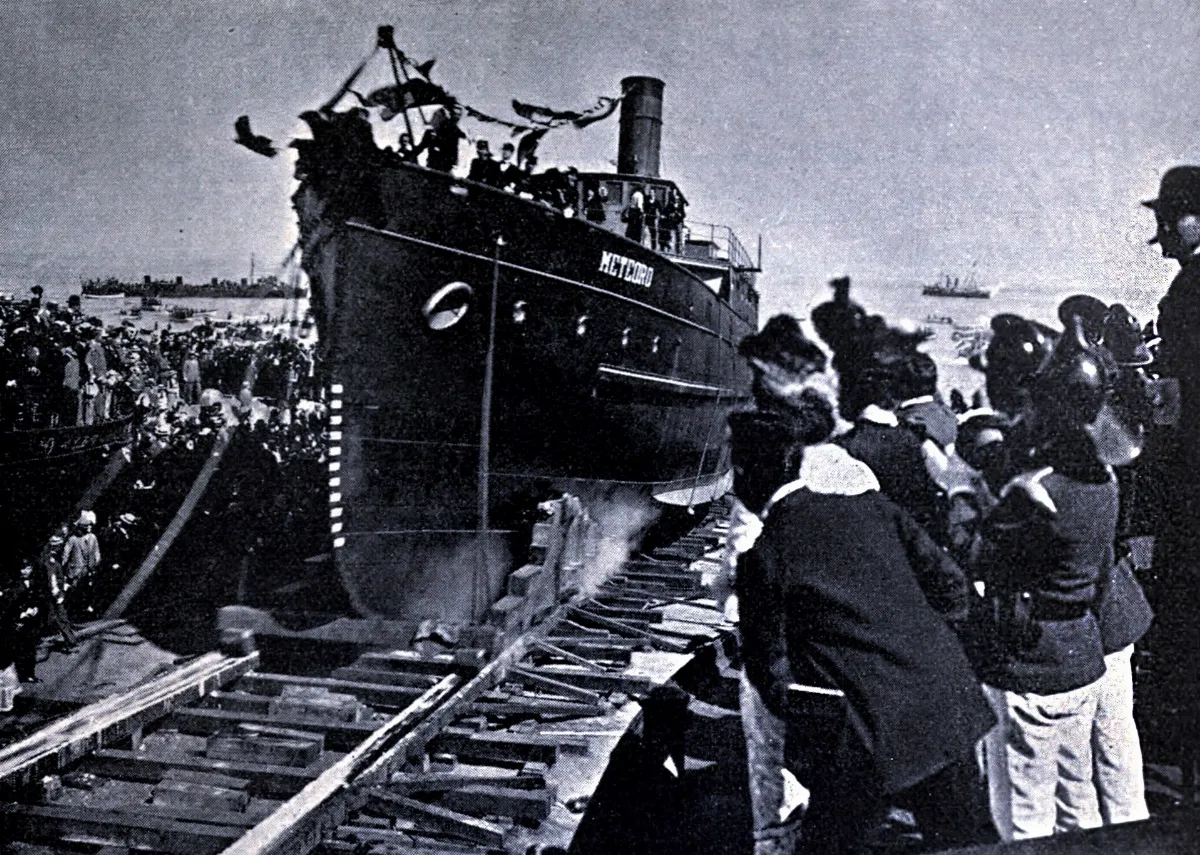 Botadura de la escampavía Meteoro, astilleros de Miramar, circa 1901 — aprox. 1901 | Chile de Ayer