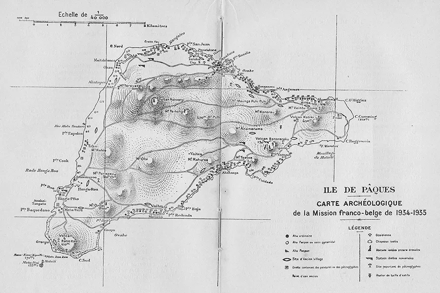 Mapa arqueológico de Isla de Pascua de la misión franco-belga de 1934-1935 — aprox. 1935 | Chile de Ayer