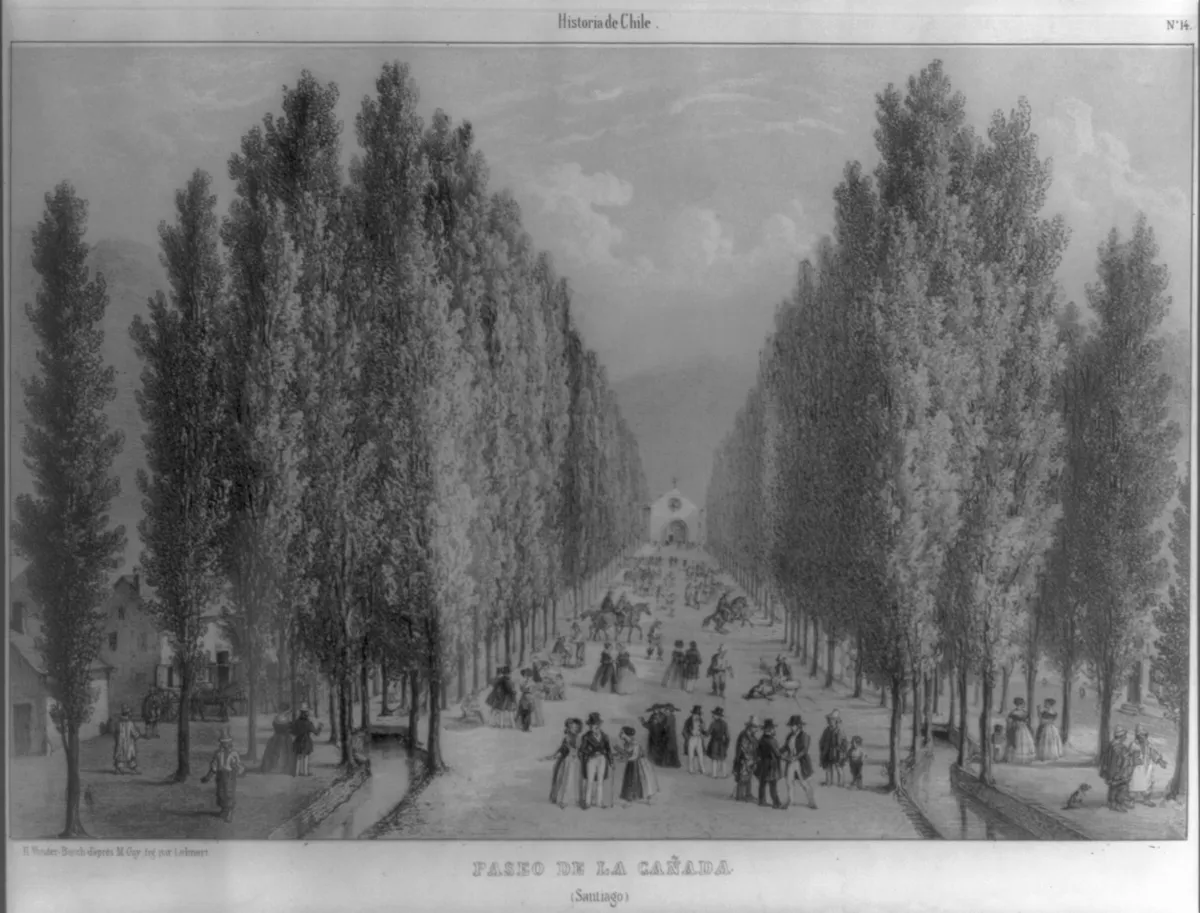 Paseo de la Cañada, Santiago — litografía de Lehnert sobre dibujo de M. Guy (Historia de Chile) — aprox. 1870–1930 | Chile de Ayer