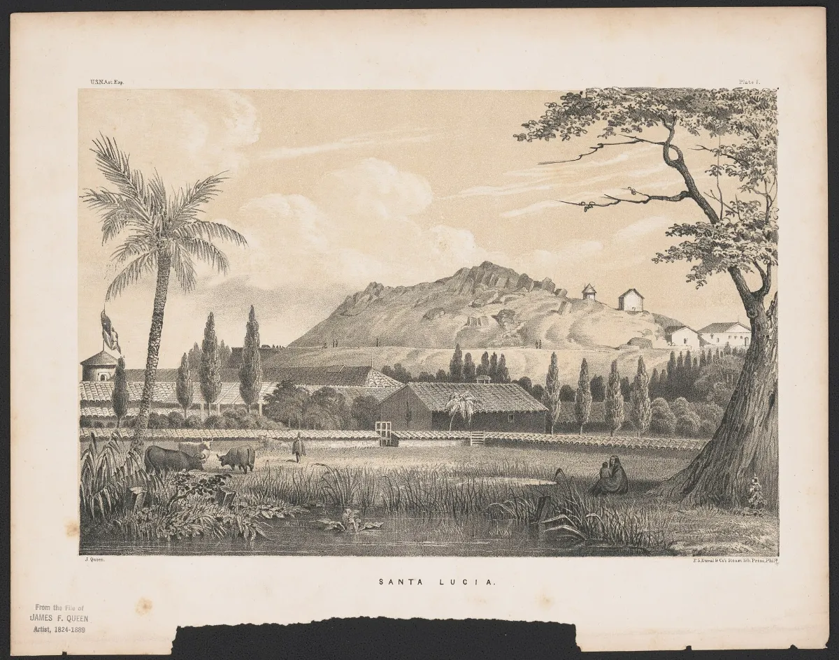 Cerro Santa Lucía con vegetación tropical y río en primer plano — aprox. 1855–1930 | Chile de Ayer