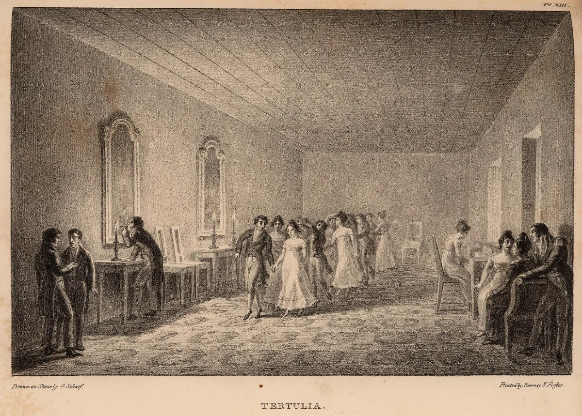 Tertulia con figuras en movimiento y columnas clásicas — aprox. 1824–1930 | Chile de Ayer