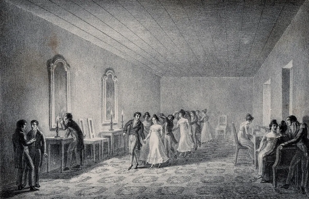 Tertulia en casa santiaguina con ventanales altos — aprox. 1824–1930 | Chile de Ayer
