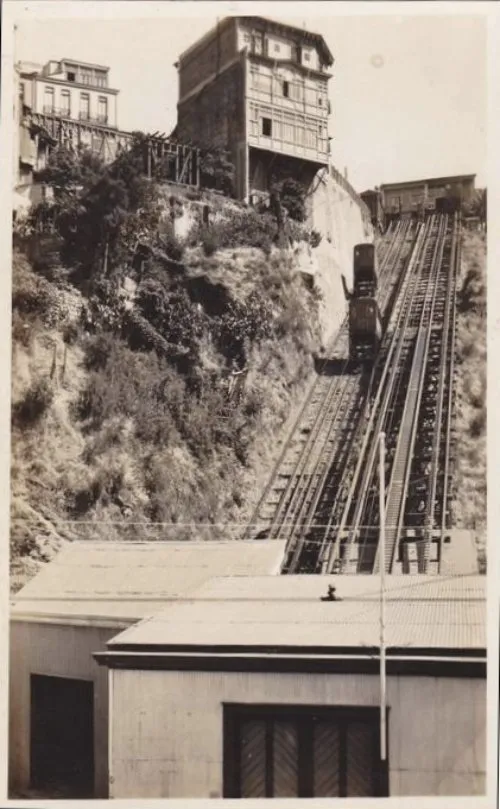 Ascensor Artillería con cuatro carros, los de la derecha funcionan hoy. — aprox. 1890–1930 | Chile de Ayer