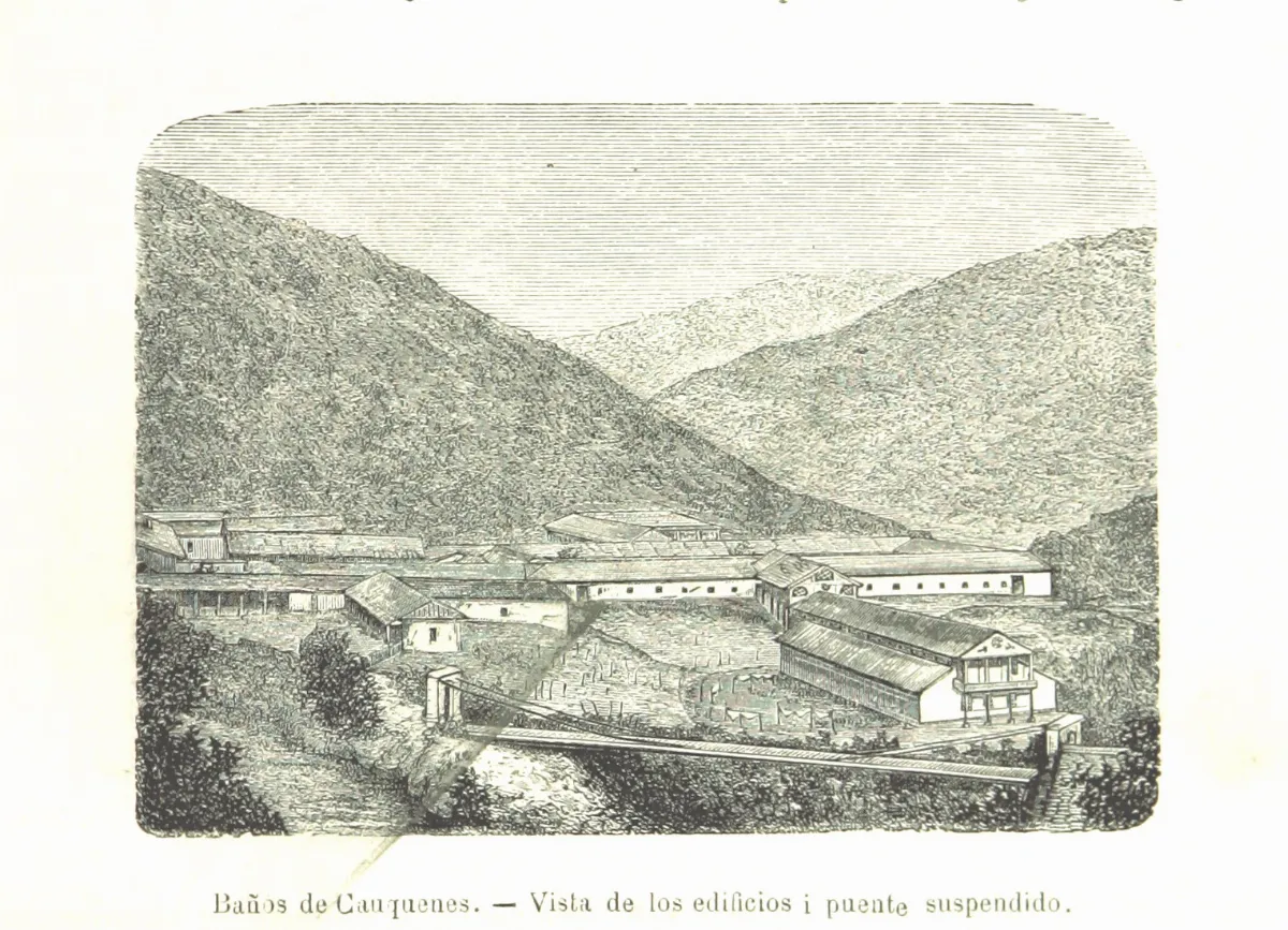Baños de Cauquenes - Vista de los edificios y puente suspendido — 1872 | Chile de Ayer