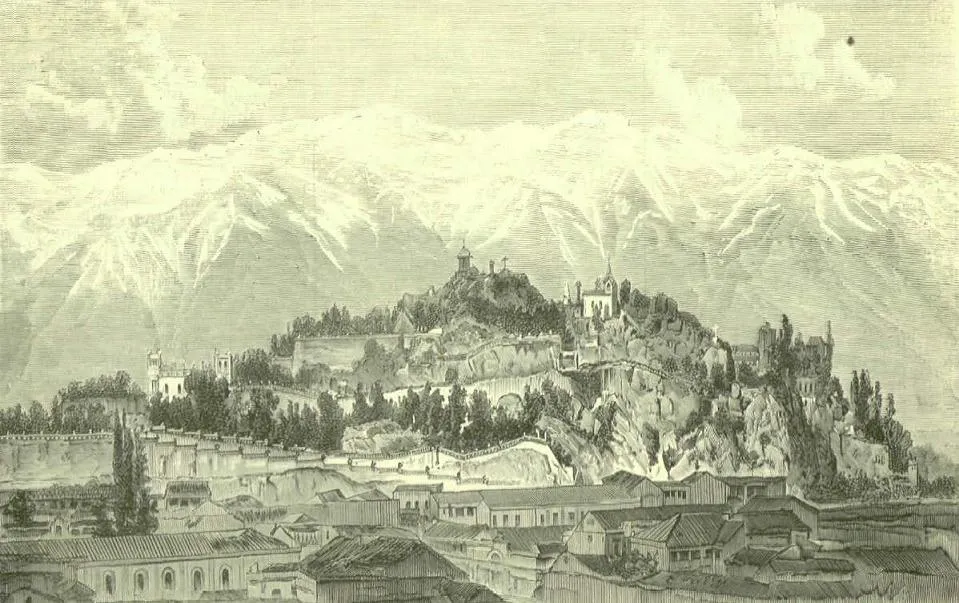 Cerro Santa Lucía y la cordillera nevada en Santiago de Chile. 1883. — aprox. 1883–1930 | Chile de Ayer