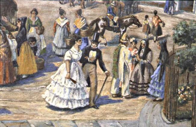 Plaza de Armas de Santiago, detalle de óleo: damas con miriñaque y caballeros de chistera — aprox. 1850 | Chile de Ayer