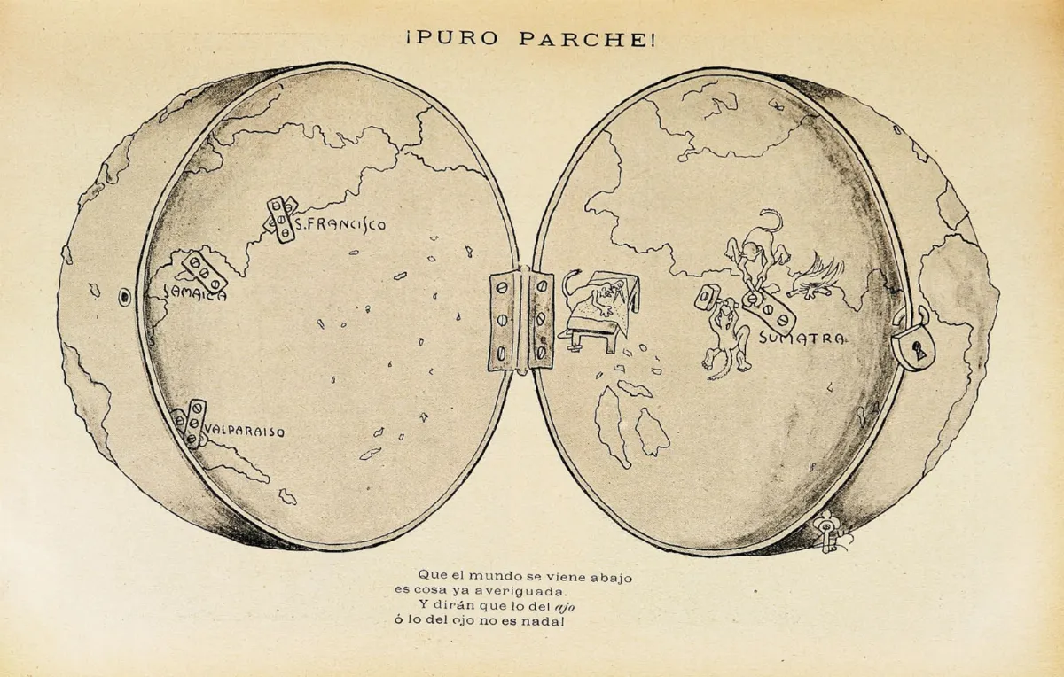 Caricatura "Puro parche" que indica los terremotos ocurridos en el mundo en 1906-1907 — aprox. 1907 | Chile de Ayer
