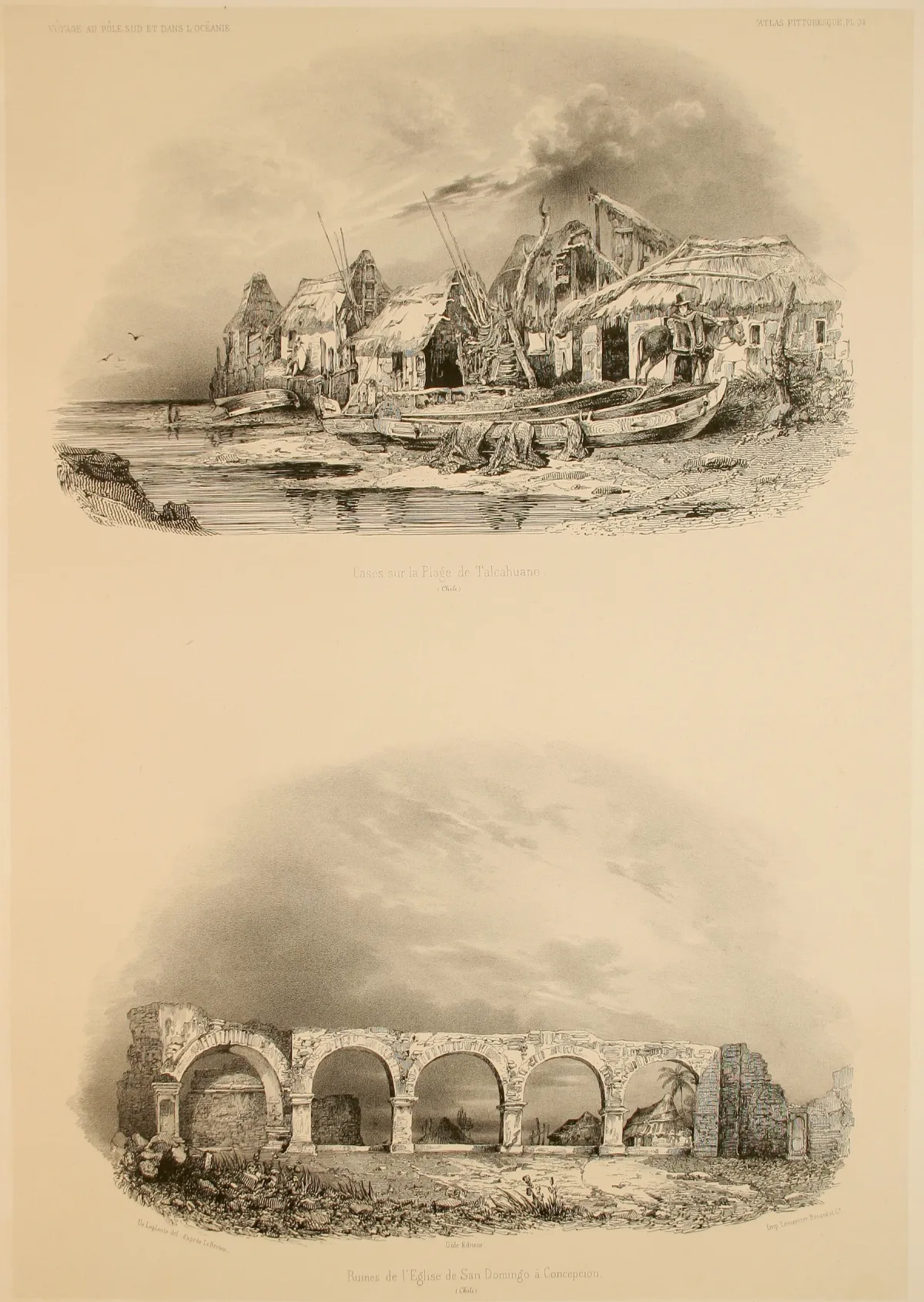 Casas en la playa de Talcahuano y ruinas de la iglesia Santo Domingo en Concepción — aprox. 1846 | Chile de Ayer