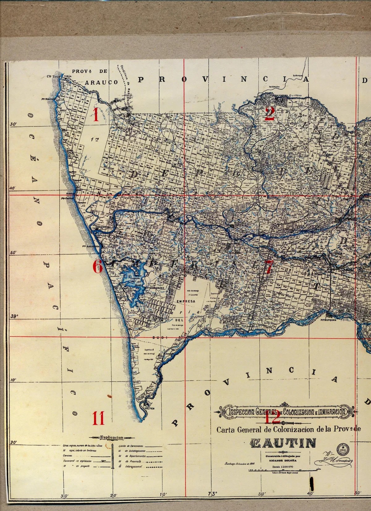 Carta General de Colonización de la Provincia de Cautín — aprox. 1916 | Chile de Ayer