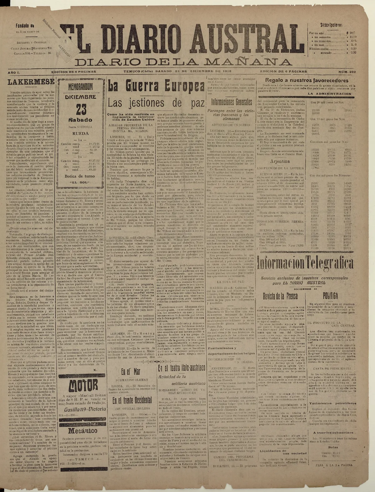 El Diario Austral, Temuco, 23 de diciembre de 1916 — aprox. 1916 | Chile de Ayer