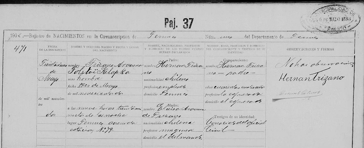 Acta de nacimiento de Tolstoï Klapka Trizano Aravena — aprox. 1902 | Chile de Ayer
