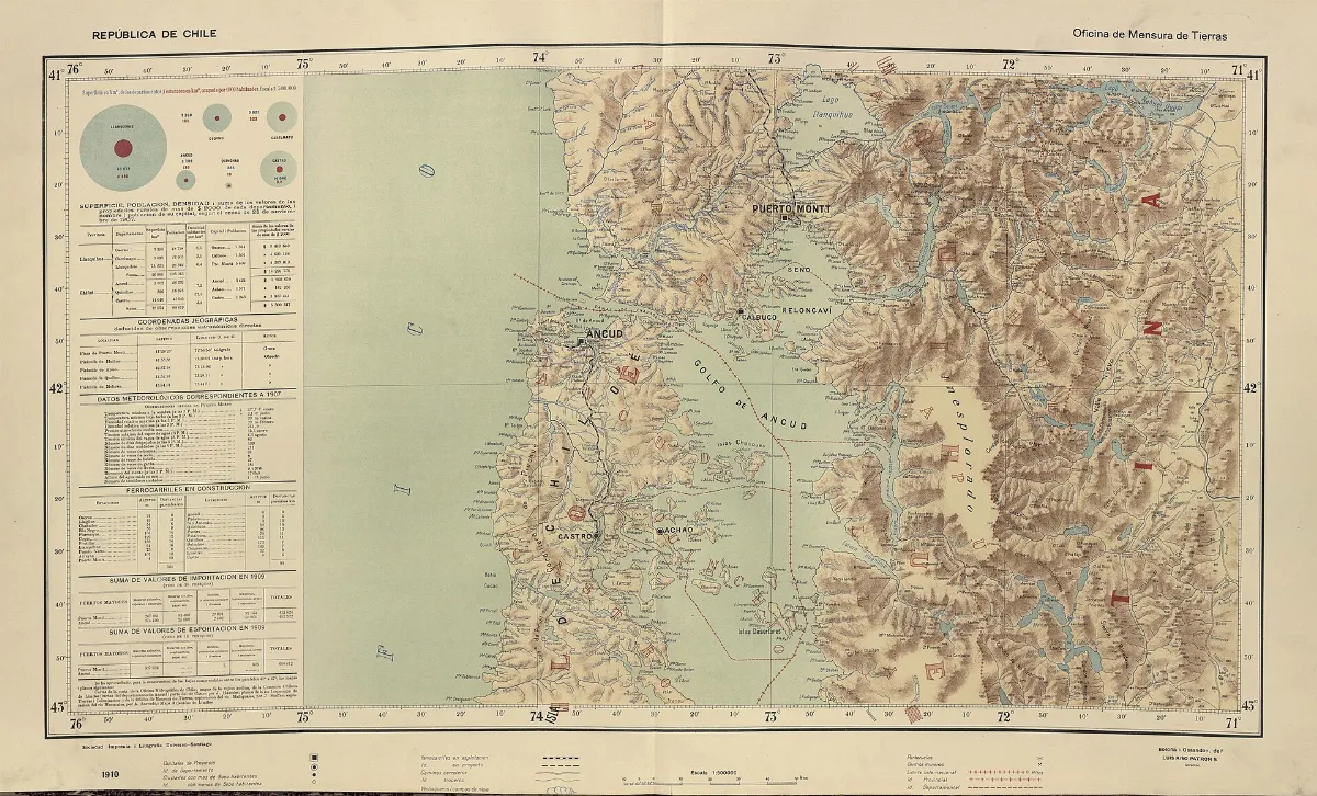 Mapa topográfico de La Araucanía con datos estadísticos — aprox. 1910 | Chile de Ayer