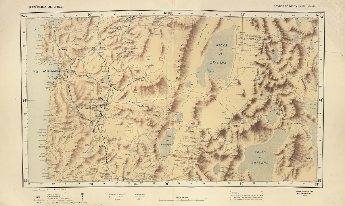 Mapa provincial con relieve del norte de Chile y Salar de Atacama — aprox. 1910 | Chile de Ayer