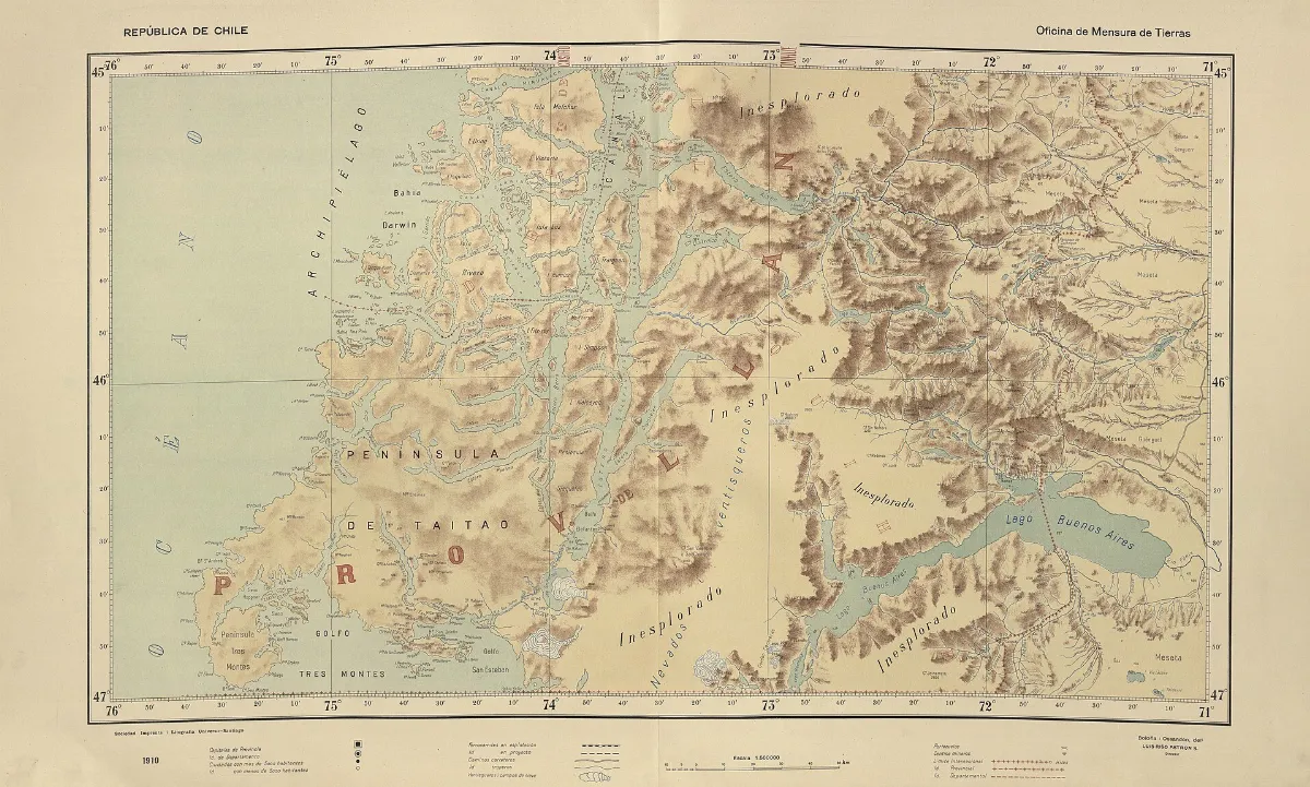 Lámina del Atlas Centenario de Chile (1910): zona andina y precordillera con glaciares y lagos — aprox. 1910 | Chile de Ayer