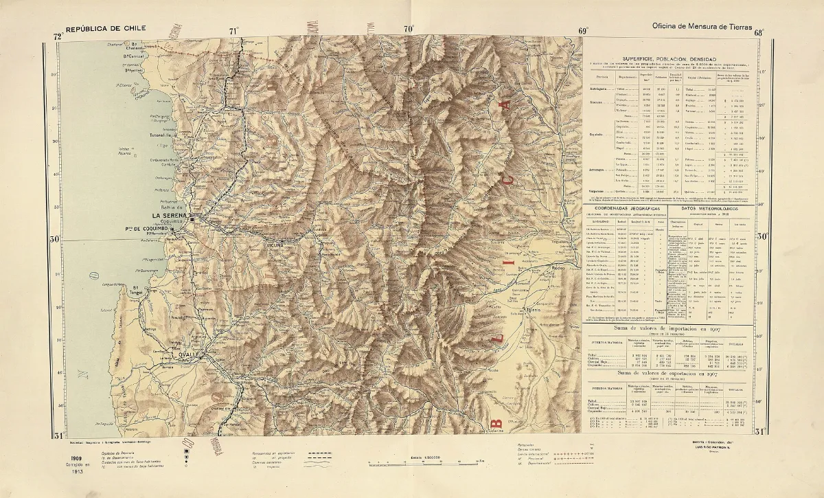 Lámina del Atlas Centenario de Chile (1910): cordillera andina con tabla de altitudes — aprox. 1910 | Chile de Ayer