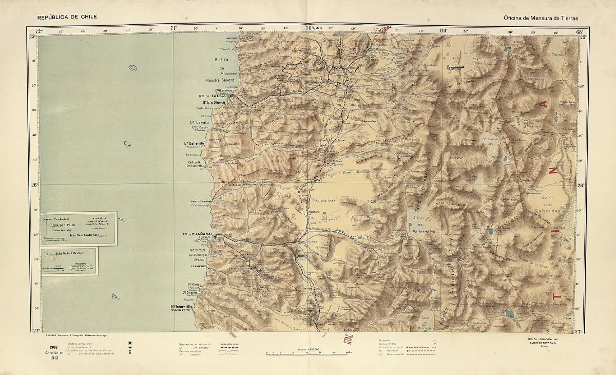 Mapa provincial con ferrocarriles y topografía de Chile central — aprox. 1910 | Chile de Ayer