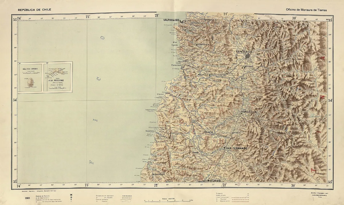 Mapa regional Chile central con Cordillera — aprox. 1910 | Chile de Ayer