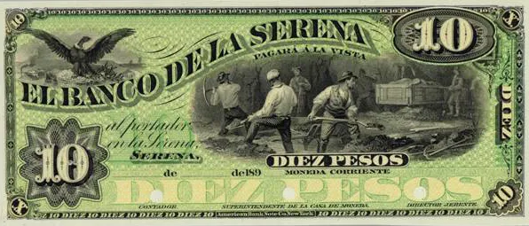 Billete de 10 pesos emitido por el Banco de La Serena en 1891. — aprox. 1891 | Chile de Ayer
