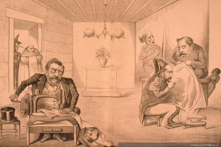 Domingo cosiendo su candidatura, 1885 — 1885 | Chile de Ayer