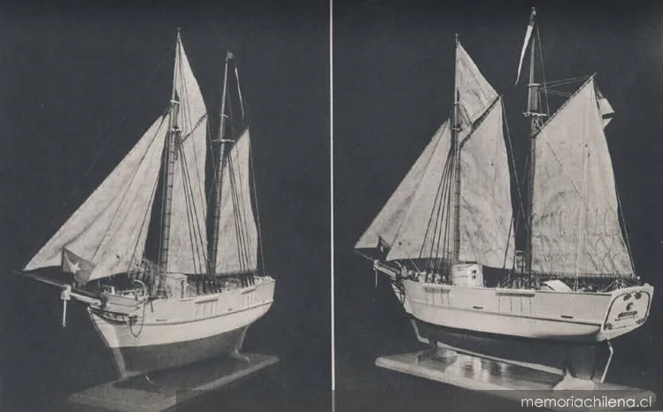 Goleta de Guerra Ancud. Vista de la maqueta desde proa y popa, hacia 1900 — 1900 | Chile de Ayer
