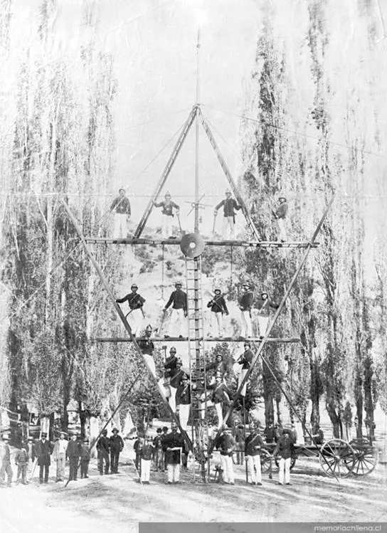 Grupo de bomberos durante ejercicios, hacia 1880 — 1880 | Chile de Ayer