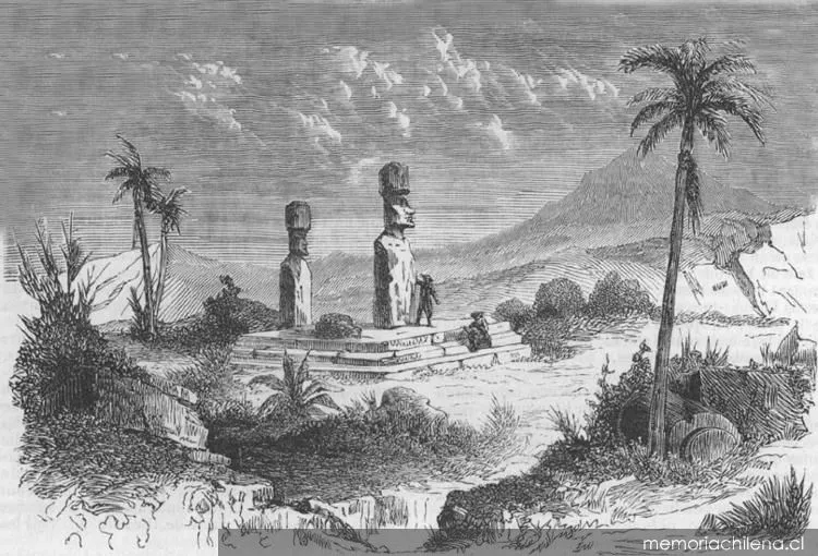 Monumentos de Isla de Pascua, dibujo realizado por la expedición de La Perouse — 1900 | Chile de Ayer