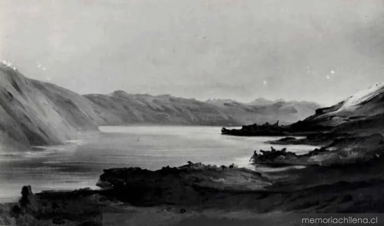 Laguna del Laja, al pie del Antuco, hacia 1850 — 1850 | Chile de Ayer