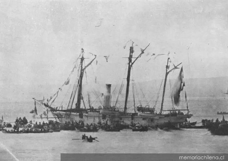 Llegada de la Covadonga a Valparaíso cubierta de gloria, hacia 1879 — 1879 | Chile de Ayer