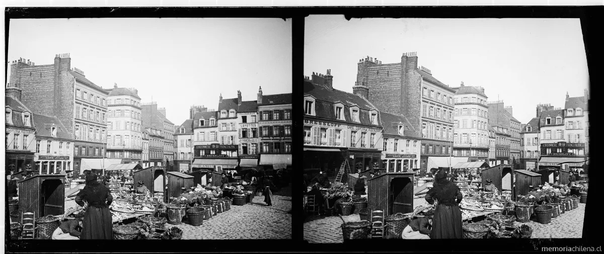 Mercado en la plaza Boulogne-sur-Mer, Francia, mayo 1907 — 1907 | Chile de Ayer