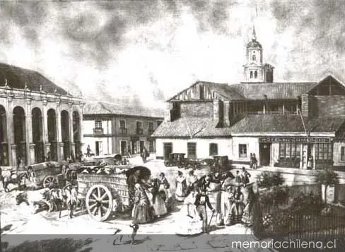 Plaza de Armas de Santiago con carruajes y multitud, 1850 — 1850 | Chile de Ayer