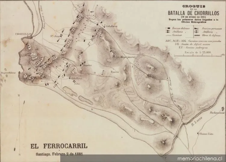 Croquis de la Batalla de Chorrillos, 13 de enero de 1881 : según los primeros datos llegados a la oficina hidrográfica — 1881 | Chile de Ayer