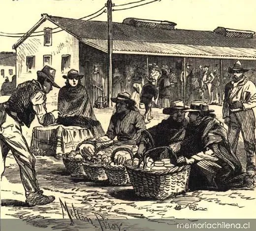 Vendedores de queques y frutas en las afueras de una pulpería, hacia 1890 — 1889 | Chile de Ayer