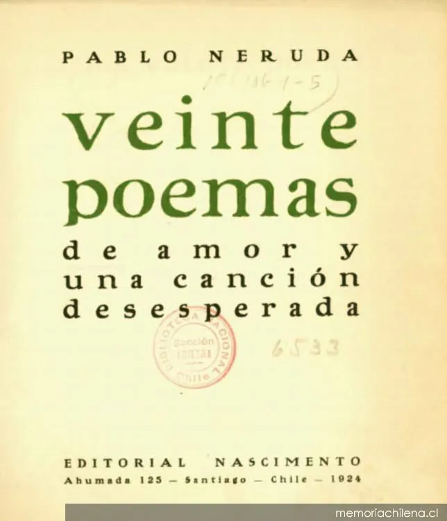 Portada de Veinte poemas de amor y una canción desesperada, 1924 — 1924 | Chile de Ayer