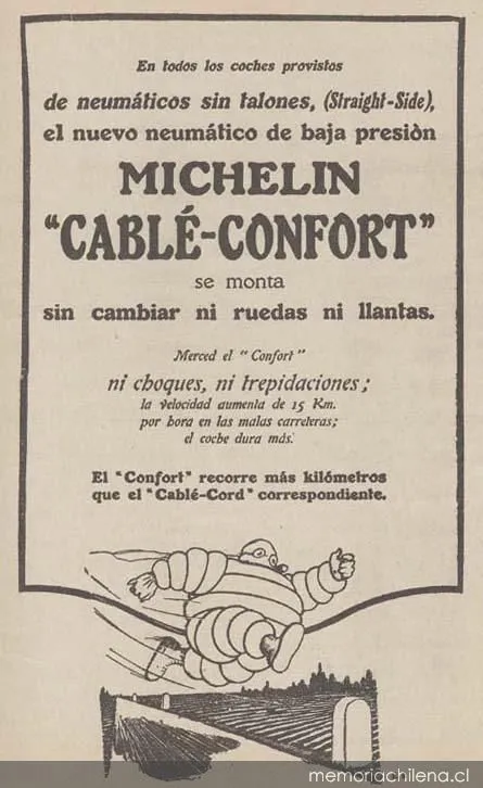 Michelin: cablé-confort, se monta sin cambiar ni ruedas ni llantas — 1925 | Chile de Ayer