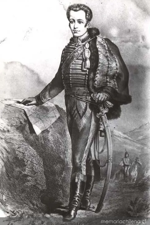 José Miguel Carrera con mapa y uniforme militar — 1785 | Chile de Ayer
