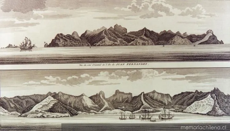 Vista de la costa oriental de la isla Juan Fernández, 1750 — 1750 | Chile de Ayer
