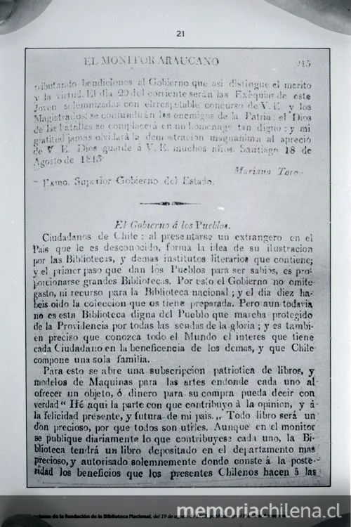 Decreto proclama, publicada en el " — 1813 | Chile de Ayer