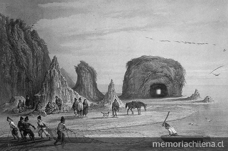 Pescadores junto al peñasco de la iglesia en Constitución, hacia 1840 — 1840 | Chile de Ayer