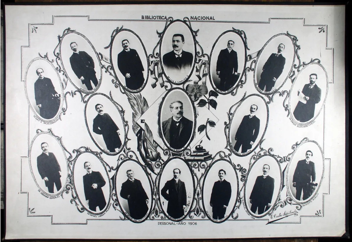 Retratos del personal de la Biblioteca Nacional de Chile en 1906 — 1906 | Chile de Ayer