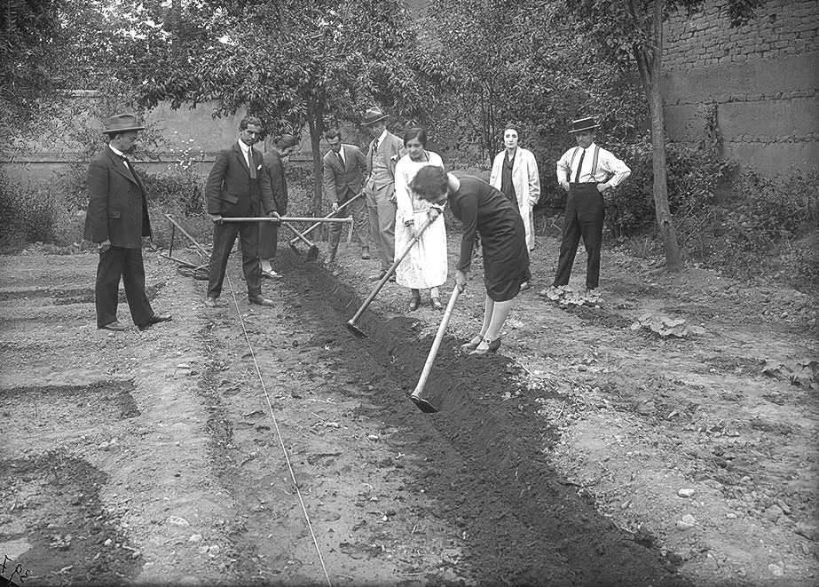 Grupo de hombres y mujeres trabajando en un huerto en San Bernardo, 1925 — 1925 | Chile de Ayer