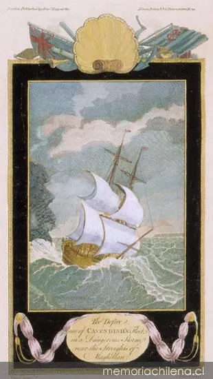 The Desire one of Cavendish's fleet in a dangerous storm near the Streight of Maghellan — 1780 | Chile de Ayer