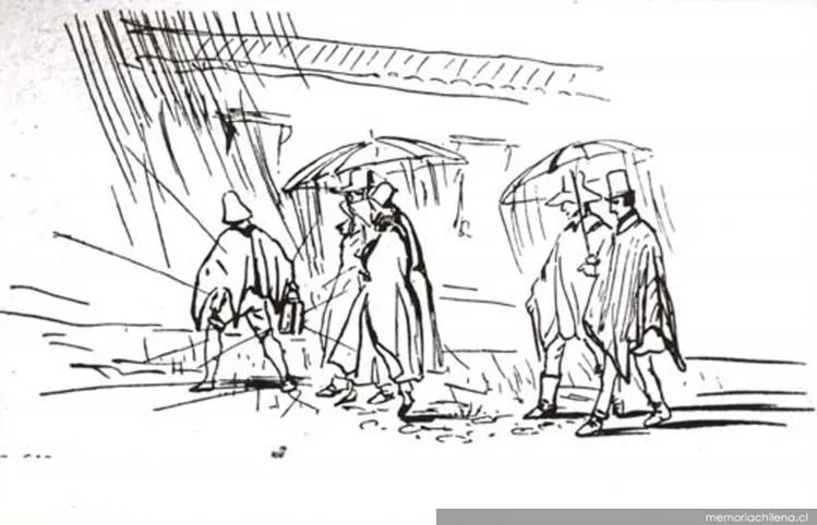 Transeúntes talquinos en una noche de lluvia, 1838 — 1838 | Chile de Ayer