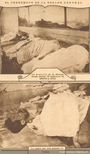 El terremoto en la región central: un aspecto de la morgue, 1928 — 1928 | Chile de Ayer