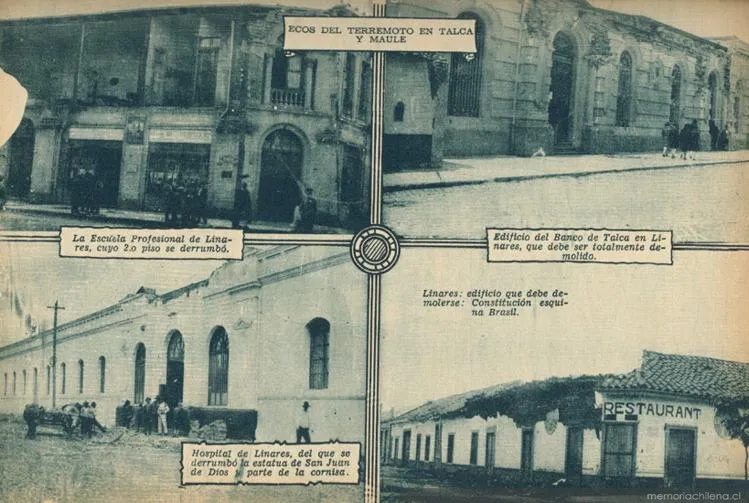 Ecos del terremoto en Talca y Maule: la escuela profesional, hospital y edificio del banco en Linares, 1928 — 1928 | Chile de Ayer