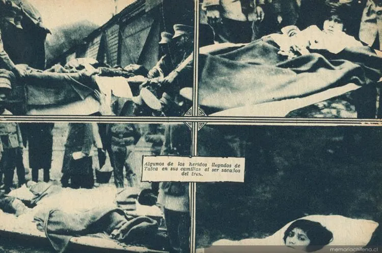 Consecuencias del terremoto de Talca: algunos de los heridos llegados de Talca en sus camillas al ser sacados del tren, 1 de diciembre de 1928 — 1928 | Chile de Ayer