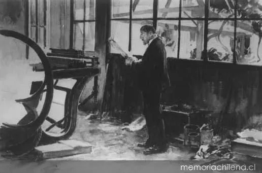 José Toribio Medina junto a su imprenta, 1925 — 1925 | Chile de Ayer